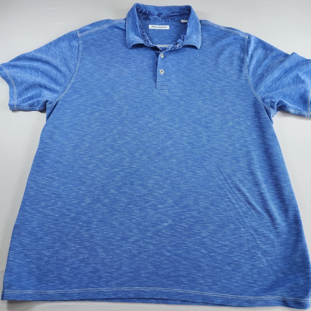 Tommy Bahama Polo Golf Shirt Mens 2XL Blue Short Sleeve Marlin Logo Tencel Blend